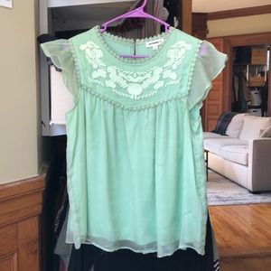 Sea Foam Blouse with Floral Lace Detail